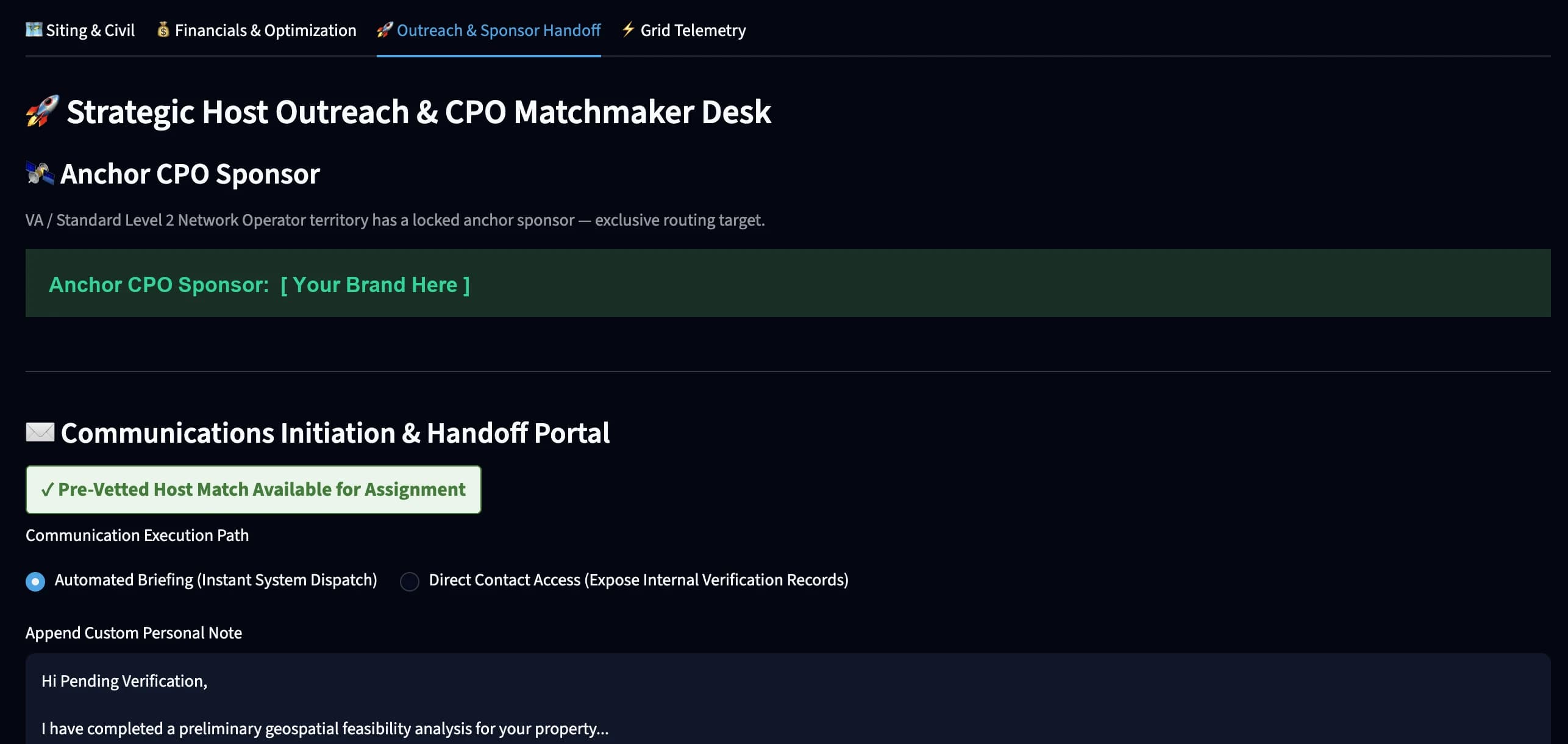 Anchor CPO Sponsor panel, shown to every subscriber evaluating a matching site once a territory is locked in